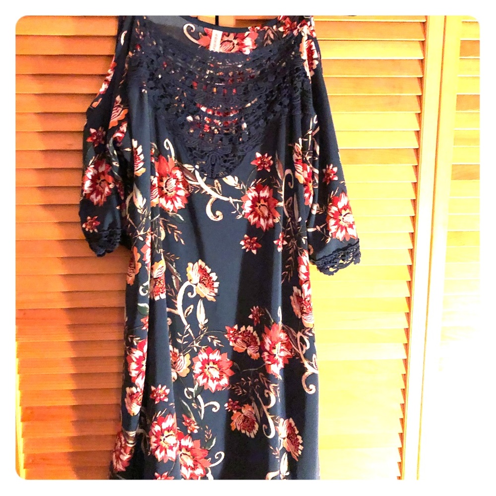 Teal floral cold shoulder dress